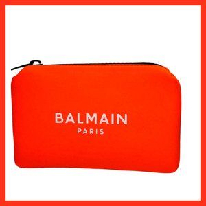 Balmain Paris Cosmetic Bag Coral Red Neoprene Padded Logo Zipper New